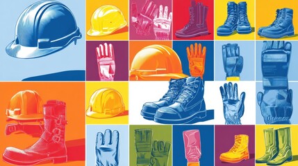 Safety Gear Infographic Featuring Hard Hats, Gloves, and Boots in a Colorful Grid Layout for Workplace Safety