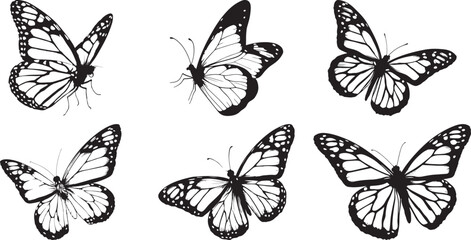 Stylized Butterfly Silhouette Set Featuring Varied Wing Patterns in Elegant Black Vector Design