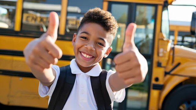 Smiling boy giving thumbs up in front of a classic yellow school bus, reflecting excitement and readiness for the school day.