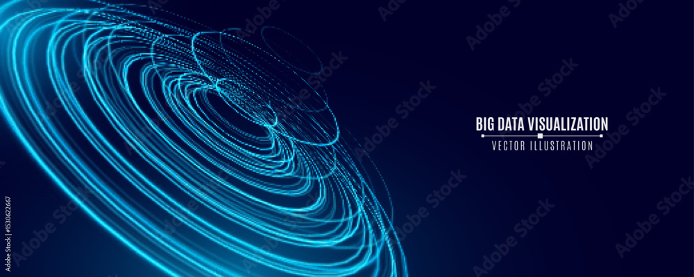 Poster abstract digital data visualization with swirling neon blue circular lines for technology background