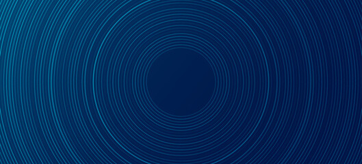 Abstract background with smooth concentric circular lines forming a ring pattern on a dark blue gradient backdrop. Digital technology design and communication network. Vector illustration.
