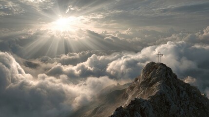 A striking image of a cross atop a mountain peak, with the suns rays bursting through the clouds behind it, representing the triumph of faith over adversity.