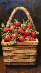 Fresh strawberries in a wooden basket.