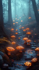 A misty forest with glowing mushrooms.