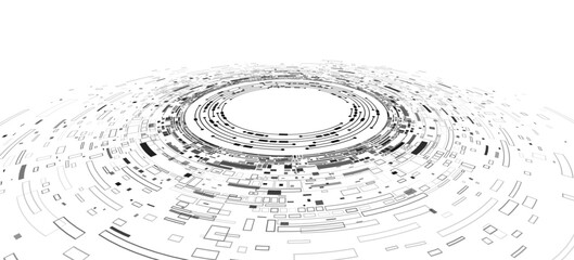 Futuristic circular big data visualization on white background. Abstract digital design with geometric shapes and elements for your technology backdrop. Vector illustration.