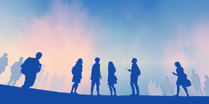 Silhouettes of young people in blue tones at an abstract sunset.