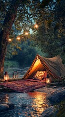 Tent by the river with lantern.