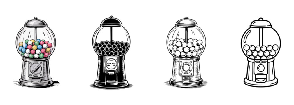 set of gumball machine vector illustrations, candy dispenser for retro and nostalgia
