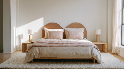 Modern minimalist bedroom with natural light, wooden furniture and soft neutral bedding, creating a cozy, serene atmosphere in contemporary interior design.