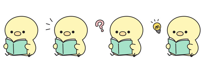 座って本を読む可愛いひよこのイラストセット