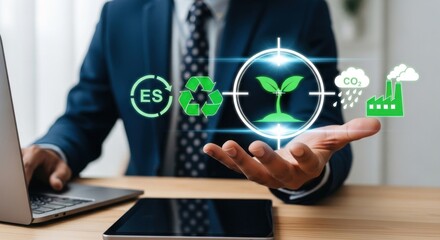 A businessman presents environmental sustainability icons above his hand with laptop and tablet on desk