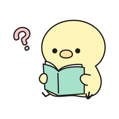 クエスチョンマークを浮かべながら、座って読書する可愛いひよこのイラスト © Nitomaru