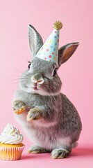 Rabbit with birthday hat and cupcake on soft-colored background.