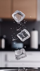 Three ice cubes spinning in the air in a kitchen.
