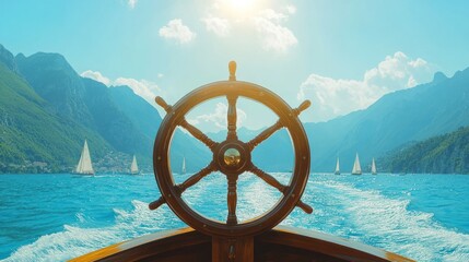 Wooden ship's helm with view of sailing boats on a lake.