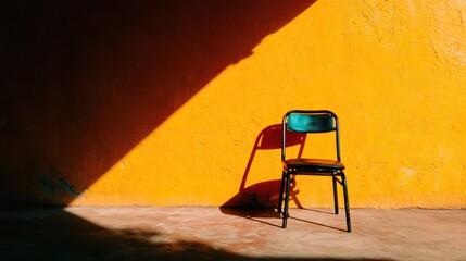 Solitary chair casting shadows against a vibrant yellow wall