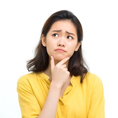 A thoughtful Asian woman contemplating with a hand on her chin