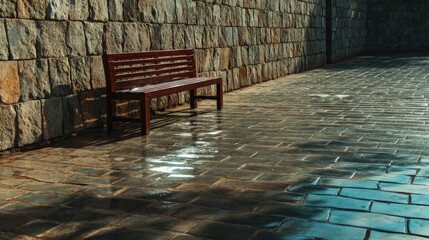 Serene wooden bench beside a stone wall after rain