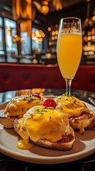 eggs benedict on plate with mimosa glass.
