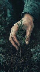 A close-up of a person hand planting a young tree in the soil.