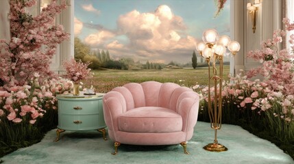 Elegant pink armchair in a blooming floral setting