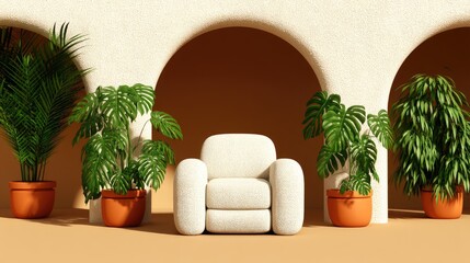 Cozy modern chair surrounded by lush indoor plants