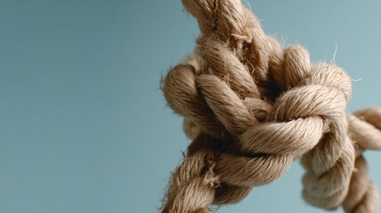 Close-up of a knotted natural rope against a blue background