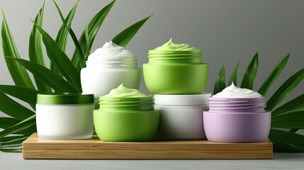 Assorted skincare jars with tropical leaves on a wooden surface
