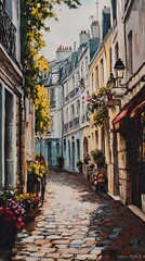 Narrow European street with summer flowers.
