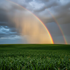 Naklejka premium Double Rainbow over Lush Green Field: A Stunning Nature Photography