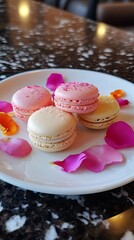 Colorful macarons on plate with petals.