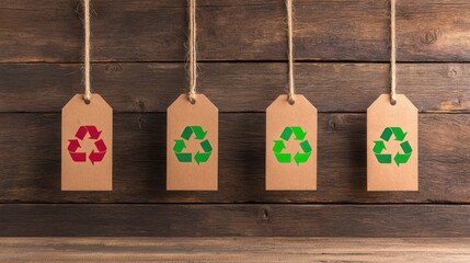Eco-friendly tags showcasing recycling symbols on wood background