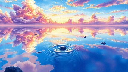 A serene landscape with clouds reflected in water and ripples around stones