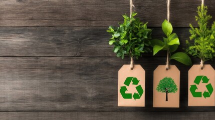 Eco-friendly tags with greenery and recycling symbols