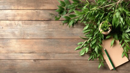 Natural workspace with greenery and stationery on wooden table