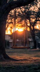 wooden swing hanging from tree at sunset.