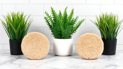 Cozy bathroom accessories with potted plants on marble surface