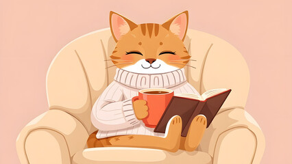 Relaxed anthropomorphic cat in a cozy sweater, nestled in a comfortable chair with a mug of tea (or cocoa), reading a book.