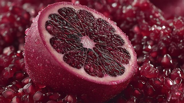 the image showcases a halved blood orange, adorned with droplets of water, sitting atop a pile of loose, glistening fruit seeds