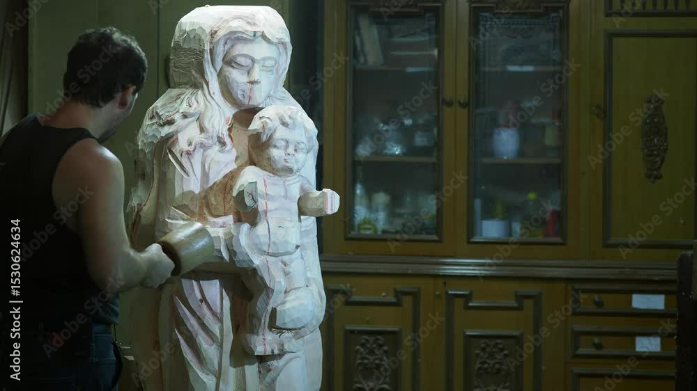 Poster experienced woodworker carving intricate details on religious statue, demonstrating traditional craf
