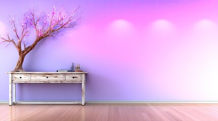 Serene interior with a decorative tree and pastel wall