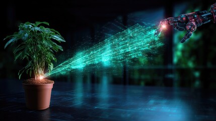 Robotic hand nurturing a digital plant with energy streams