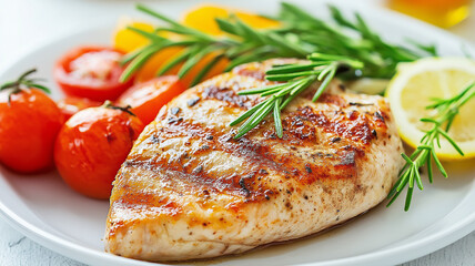Juicy grilled chicken breast with roasted cherry tomatoes, rosemary, and a lemon wedge on a white plate. A healthy and flavorful meal
