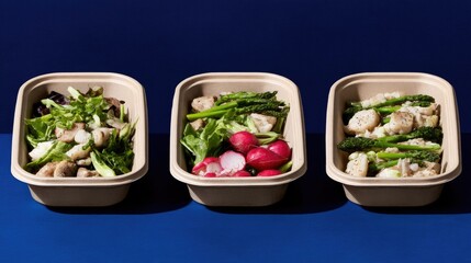 Fresh and colorful salads in eco-friendly containers