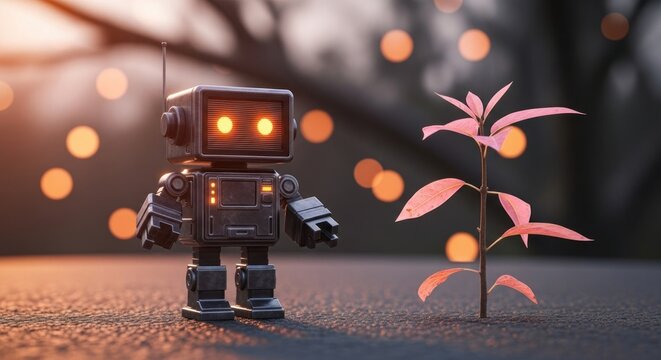 A small robot standing next to a plant with pink leaves against a blurred background of bokeh lights