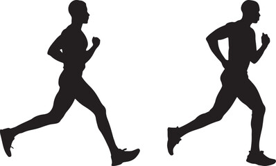Pair of Running Human Silhouettes Depicting Athletic Motion in Bold Black Vector