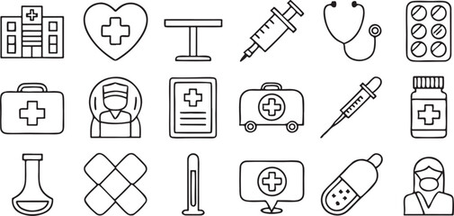 Medical Healthcare Icons Solid Black Set Hospital Heart Pill Cross Doctor Health