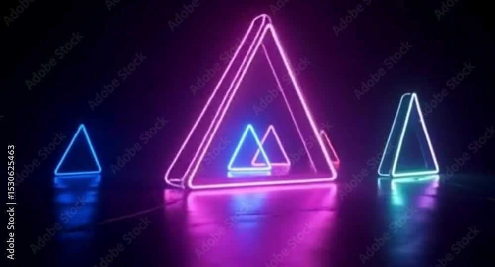 Poster neon triangle geometric shapes reflecting on wet surface in dark environment