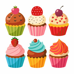 Collection of Six Sweet Cupcakes with Colorful Frosting and Sprinkles Perfect for Celebrations and Dessert themed Designs Featuring Red Yellow