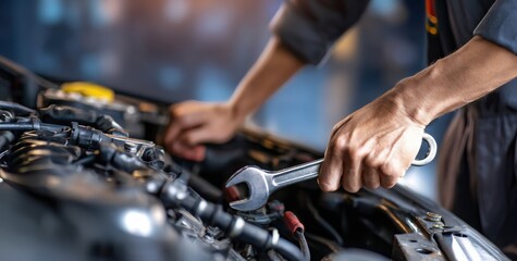 A car mechanic in uniform is working with a wrench on a car engine, with a close-up view of their hands and tools in the garage for a repair service concept.